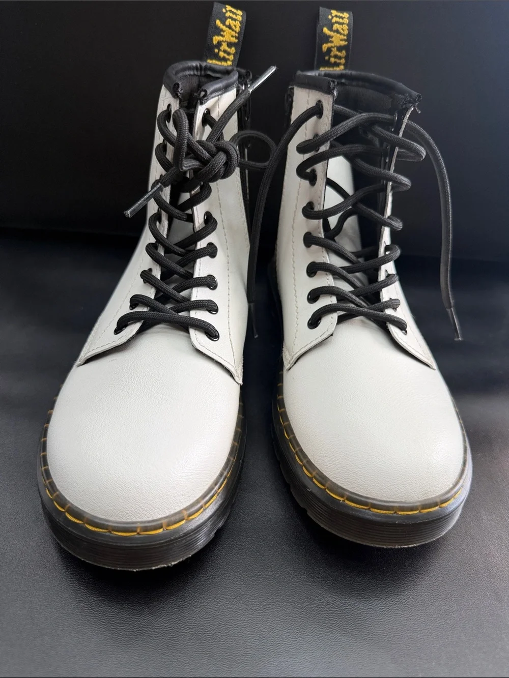Dr. Martens White Leather Lace-Up Boots with Black Laces and side zipper